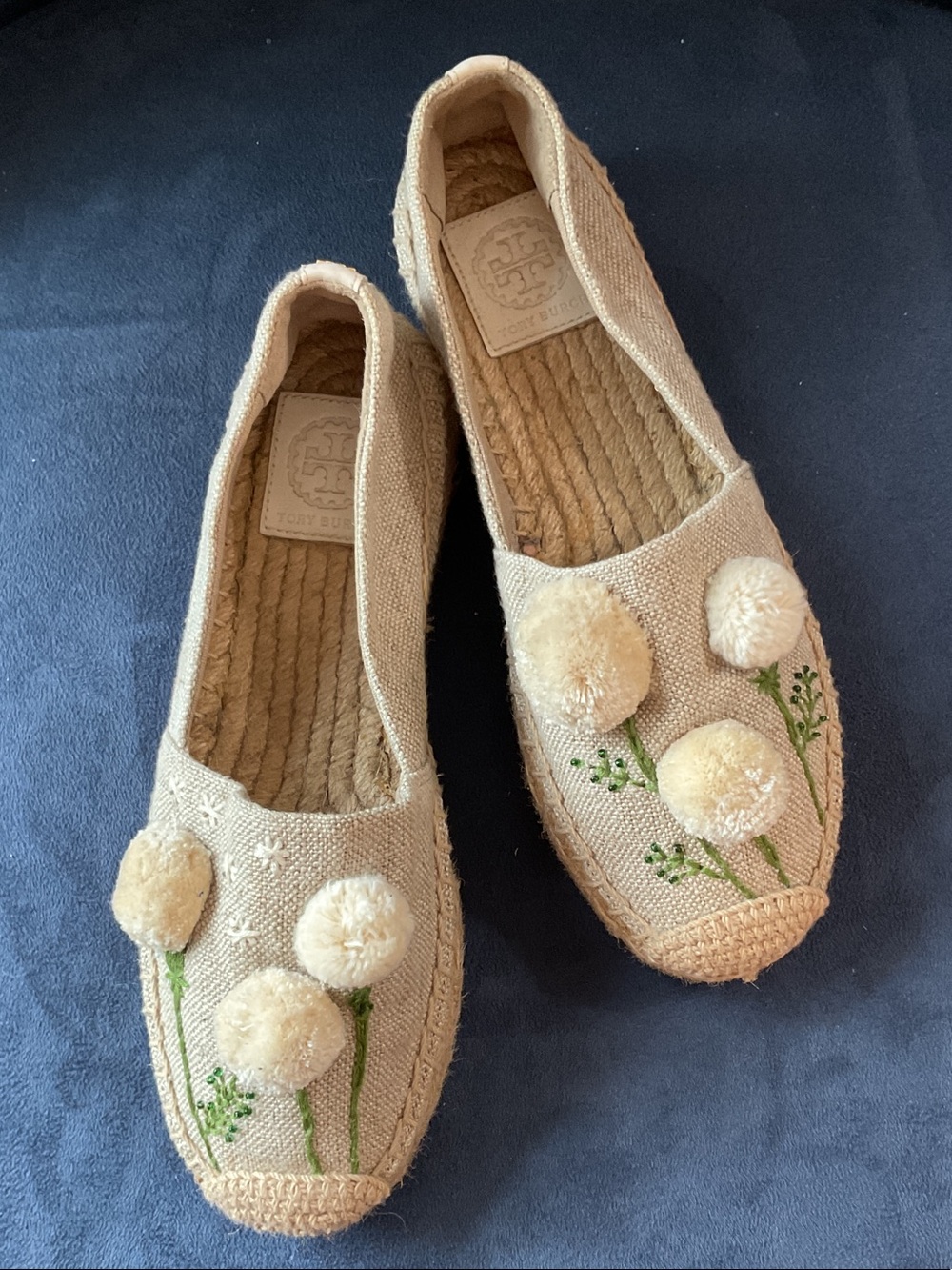 Tory Burch Lily Cream Pom-Pom Floral Embroidered Espadrilles